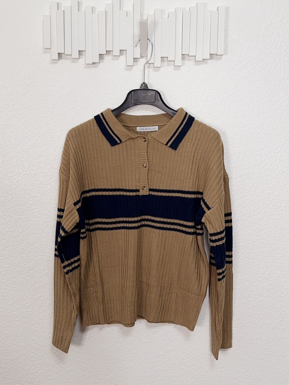 Miss Sparkling Camel Navy Striped Polo Collar Knit Sweater